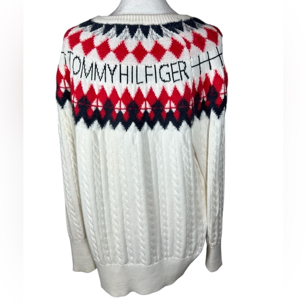 Womens Tommy Hilfiger Fair Isle Cable Knit Ski Sweater White Red Logo Size Large - Picture 9 of 12